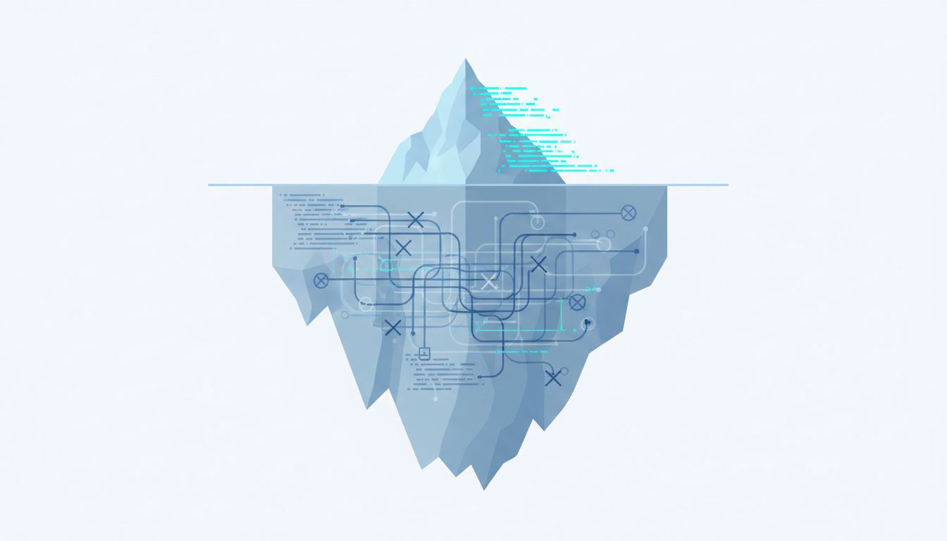 Iceberg diagram representing the hidden computational cost of unexamined code paths below the surface