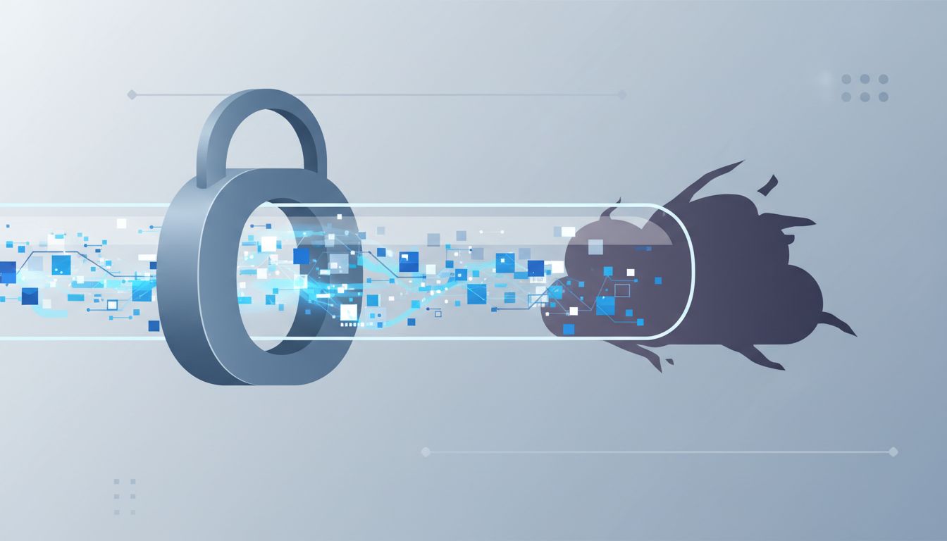 Illustration of a padlock securing a transparent pipe, suggesting encryption protects the channel but not the destination