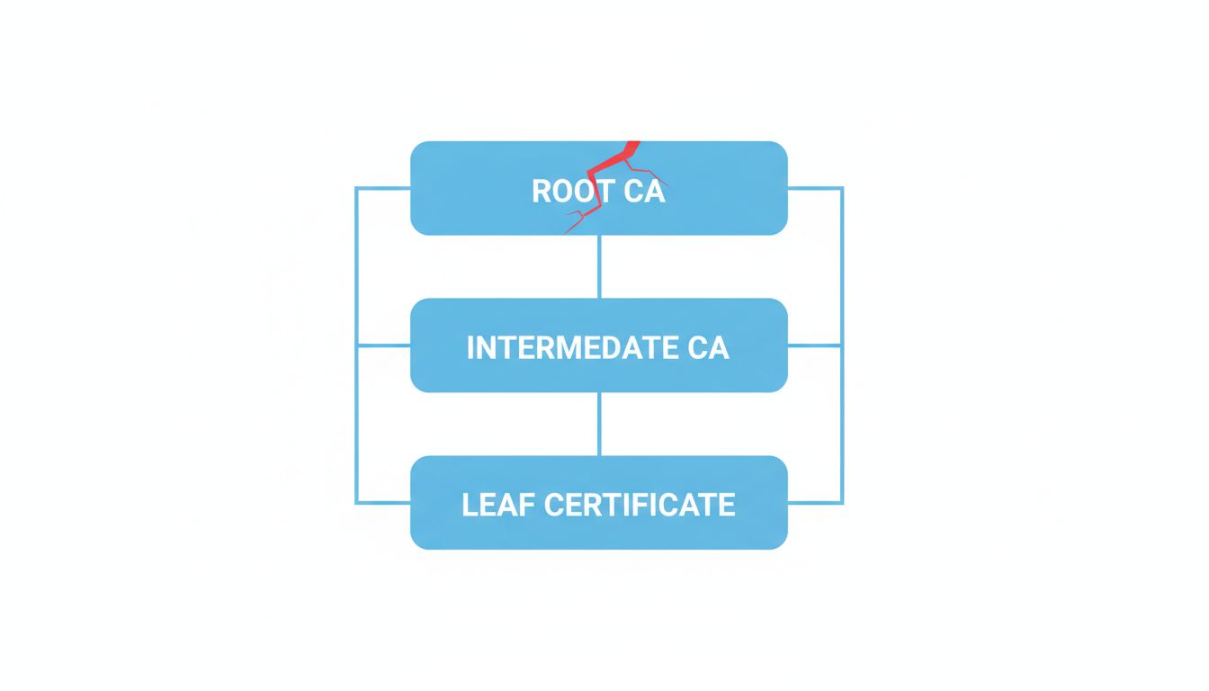 Diagram of a certificate authority trust chain with a crack in the root authority block