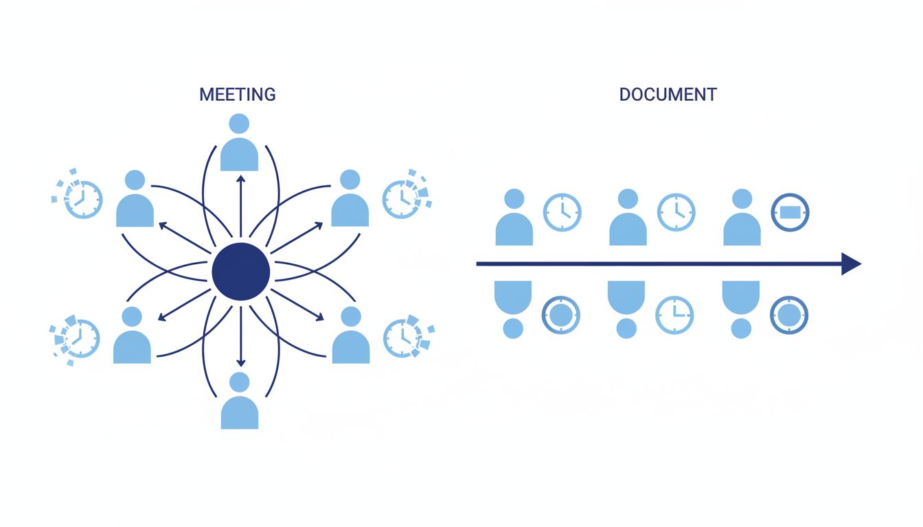 Diagram comparing synchronous meeting communication versus async document-based communication, showing time fragmentation difference