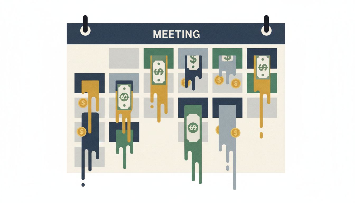 Calendar blocks draining away as currency, illustrating the hidden cost of meetings