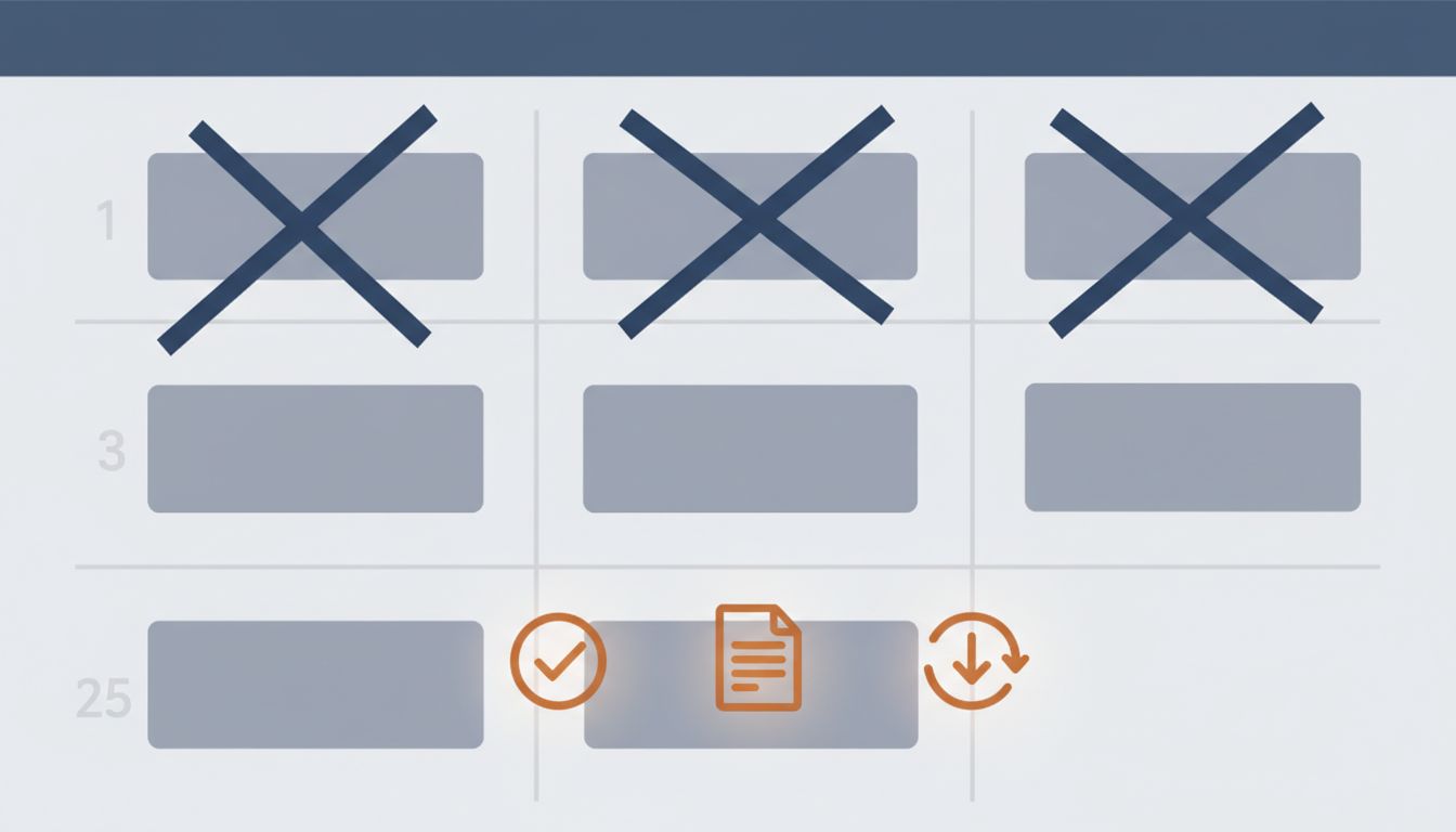 A calendar with canceled meetings revealing completed work underneath