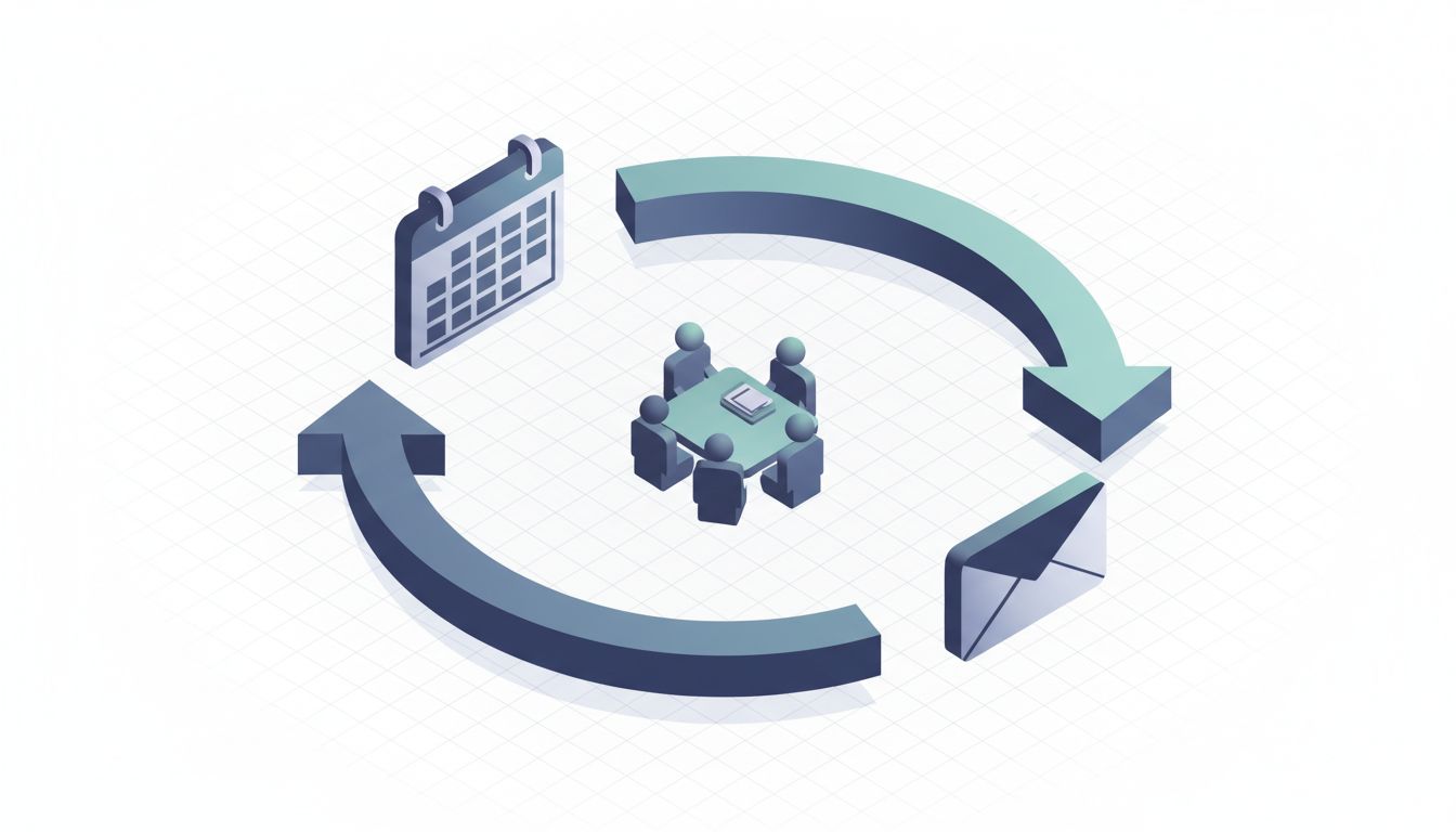 A circular loop of calendar, meeting, and email icons illustrating the cycle of meetings spawning follow-up emails