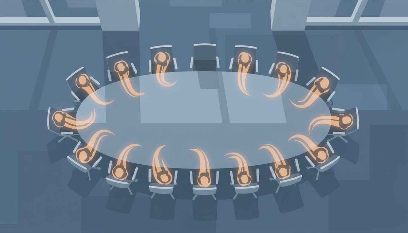 An empty chair at the head of a conference table, with warm light on the remaining seats