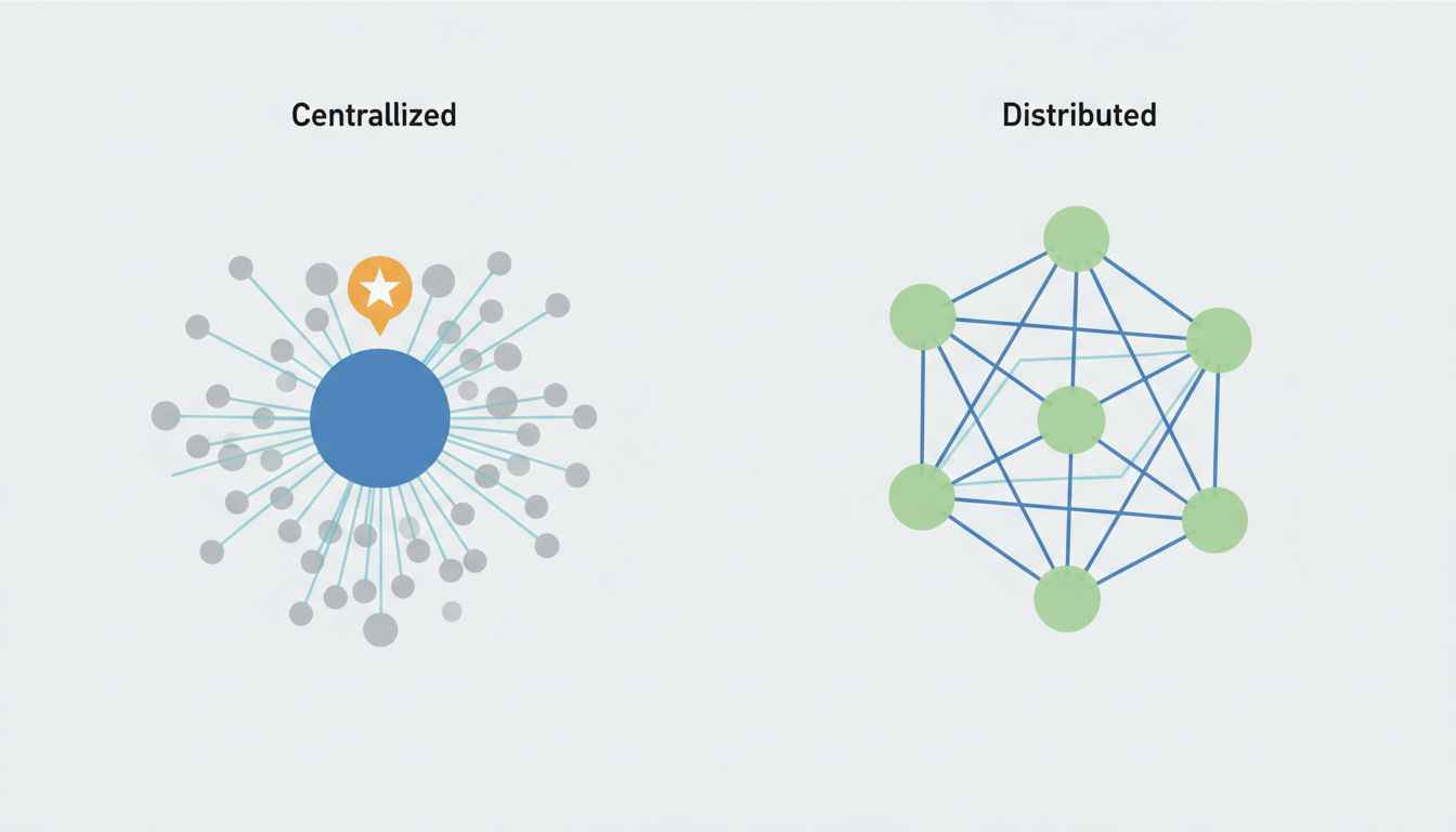 Diagram comparing a hub-and-spoke hierarchy versus a distributed peer network of ideas