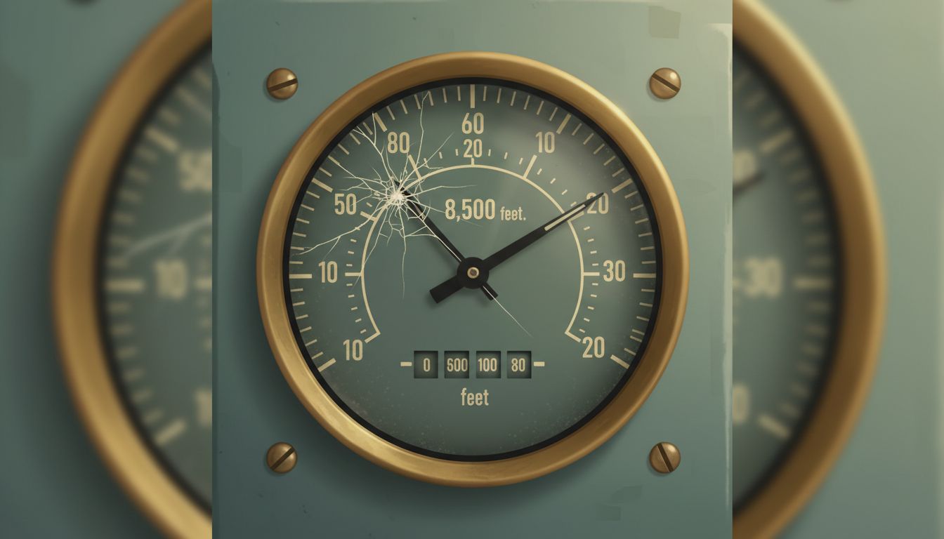 A cracked aircraft instrument gauge showing a healthy reading