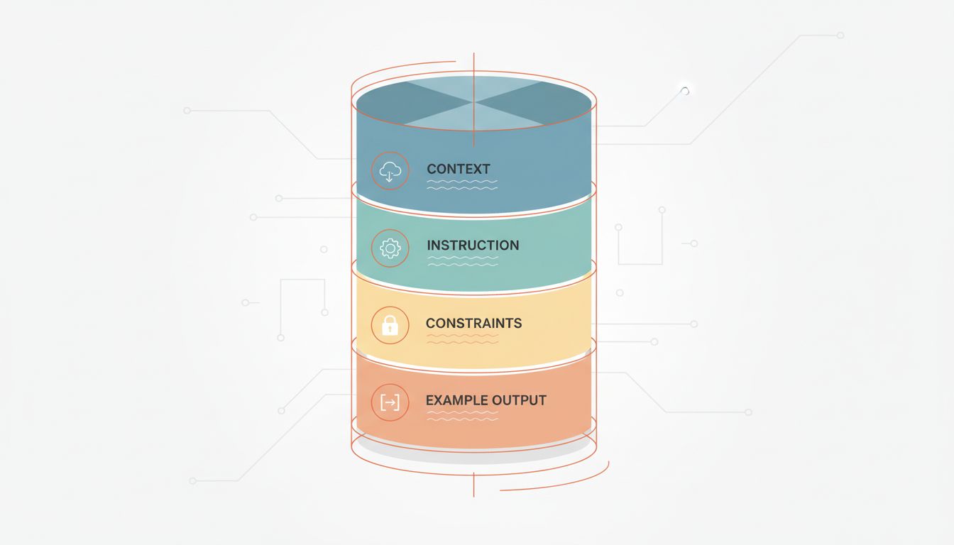 Diagram showing the anatomy of a well-structured prompt broken into distinct labeled sections