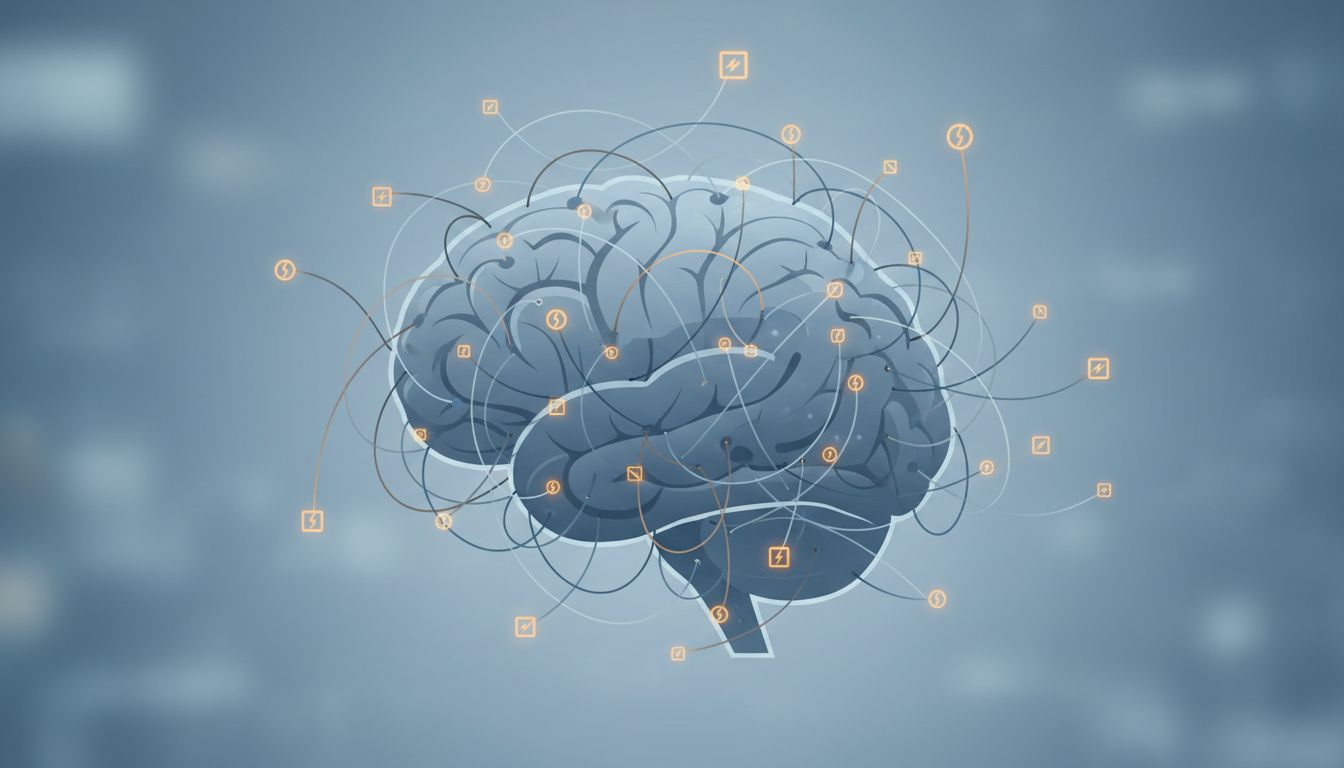 Abstract illustration of a brain with many unresolved glowing loops extending outward