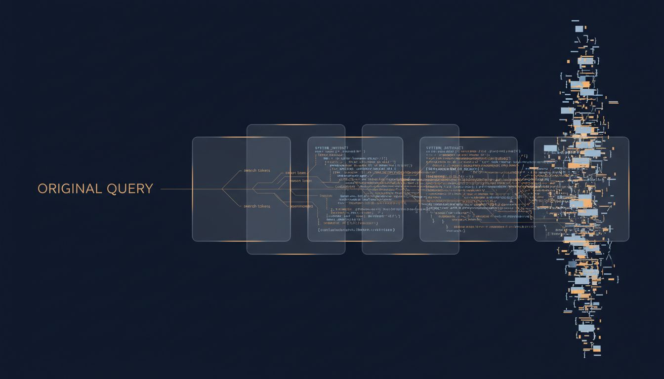 Abstract diagram showing a user's text being transformed through multiple processing layers before reaching a model