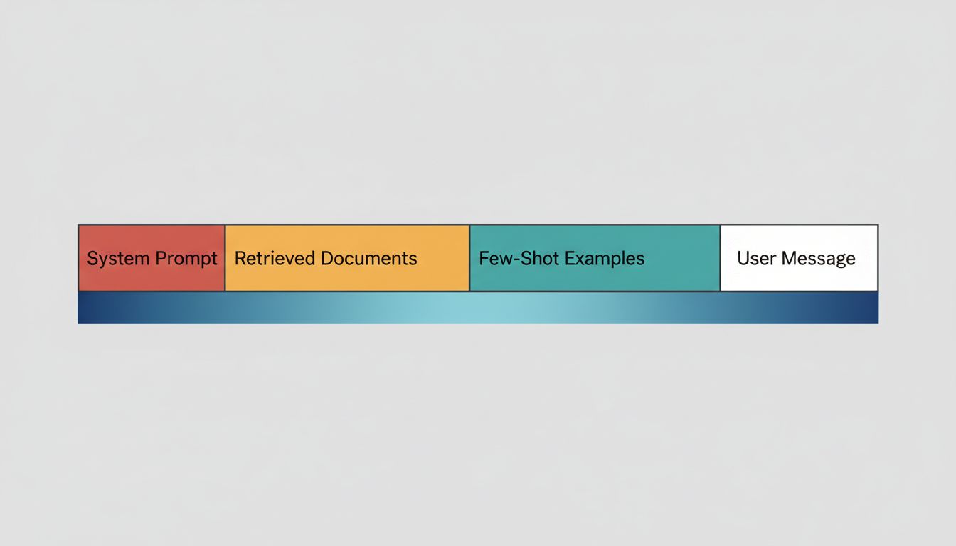 Diagram of a context window showing how system prompt, retrieved documents, examples, and user message are layered, with attention weight shown as a gradient