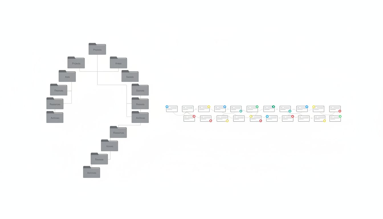 Diagram comparing a deep nested folder hierarchy to a flat chronological stream with tags and cross-connections