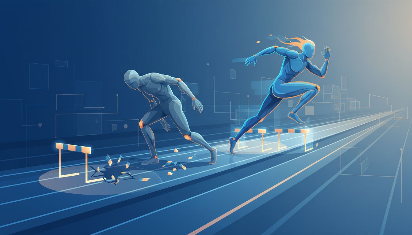 Illustration of a second runner accelerating past an exhausted first runner on a cleared track