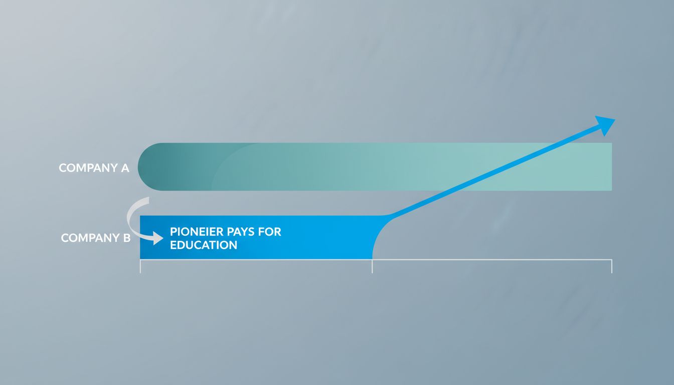 Timeline diagram showing a later entrant's growth curve overtaking the pioneer's plateau