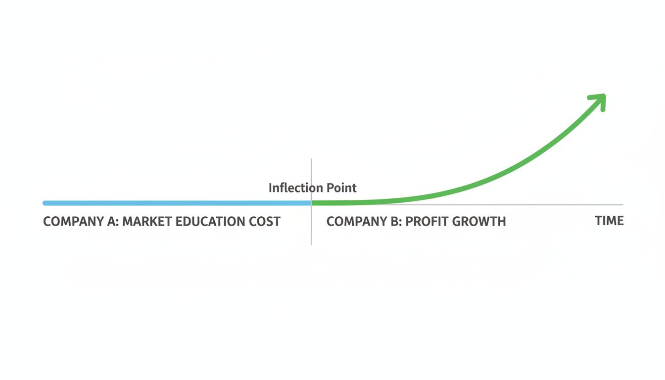 Diagram showing pioneer market education costs followed by follower profit curve