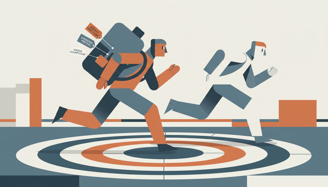 Illustration of two runners where the leader is weighed down by burdens the second runner avoided