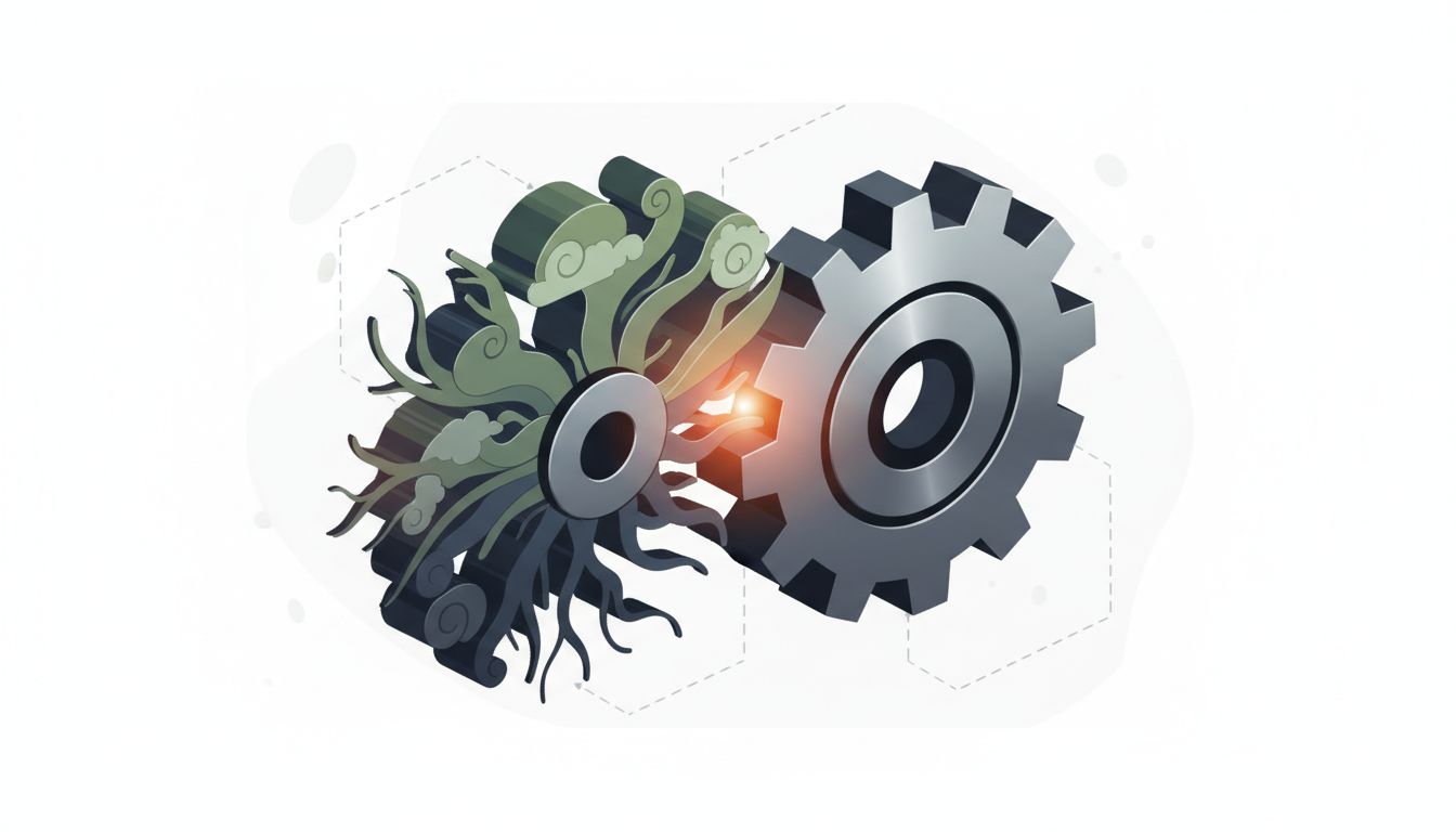 Two interlocking gears — one irregular and expressive, one precisely machined — meshing together