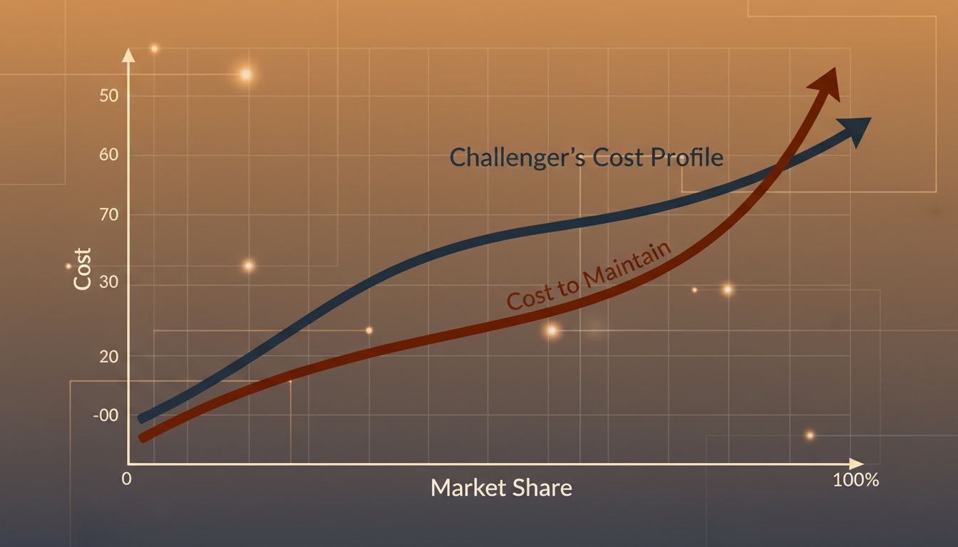 Illustration of asymmetric cost curves showing how the cost to maintain market leadership rises sharply near the top while challenger costs stay relatively flat
