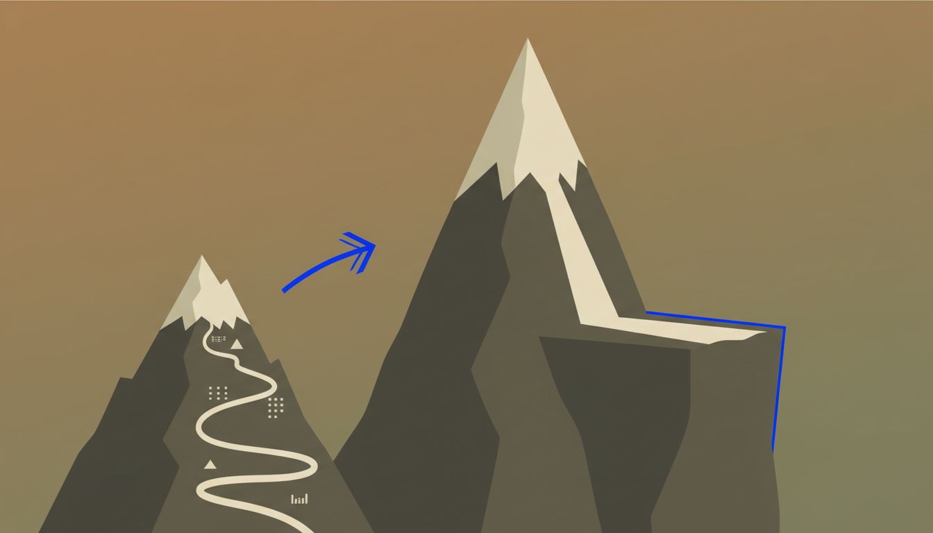 Two mountain peaks where the second appears more approachable but has a hidden cliff, illustrating the hidden difficulty of the second startup