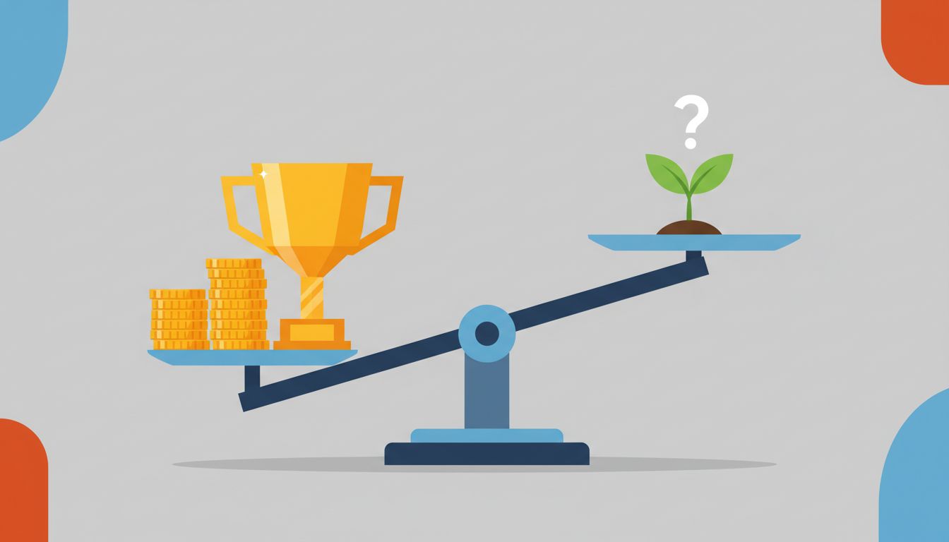 Balance scale tipping toward capital and reputation, outweighing early-stage learning and uncertainty