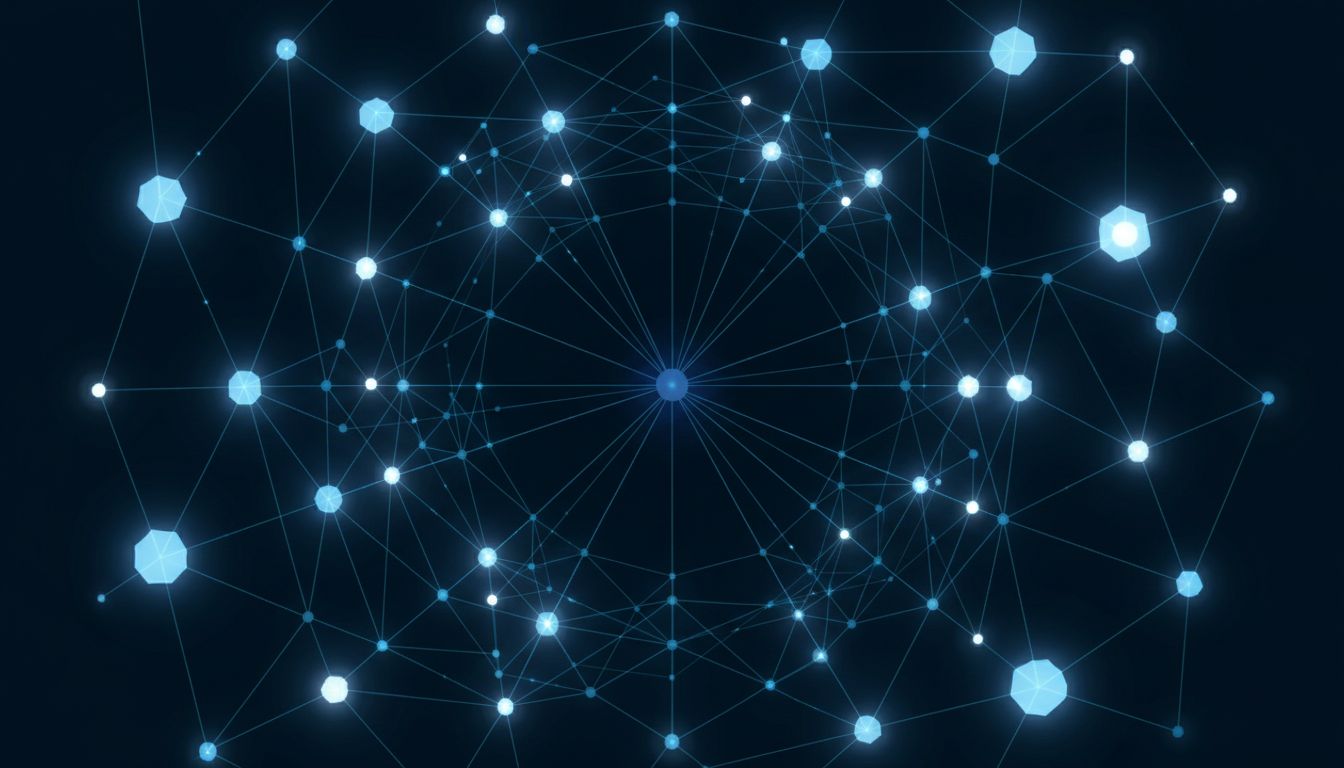 Abstract network topology diagram showing a small central coordination node connected to many larger active nodes