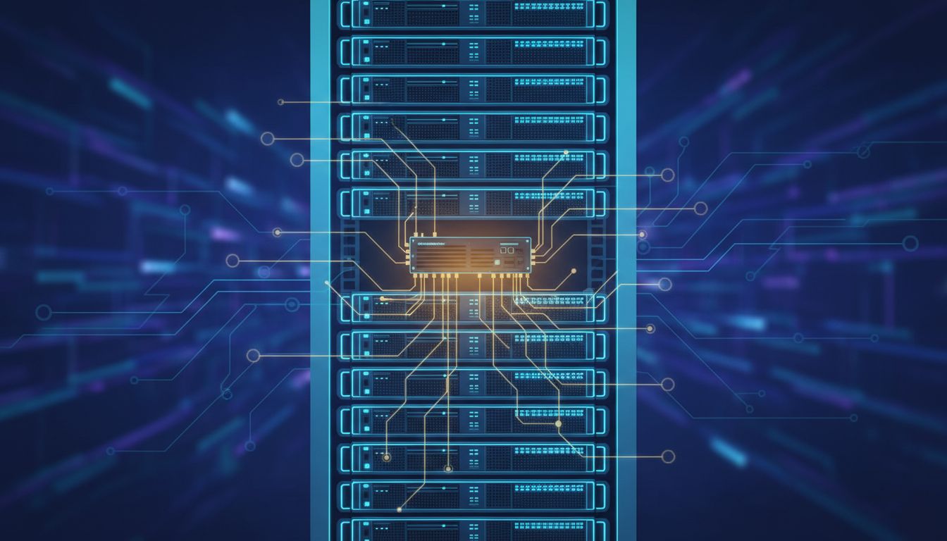 A server rack where one quiet, unassuming server is connected by thin lines to every other component
