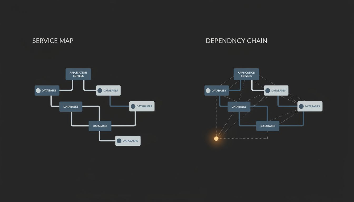 Two infrastructure diagrams contrasting a service map with a dependency chain, highlighting a bastion host's hidden centrality