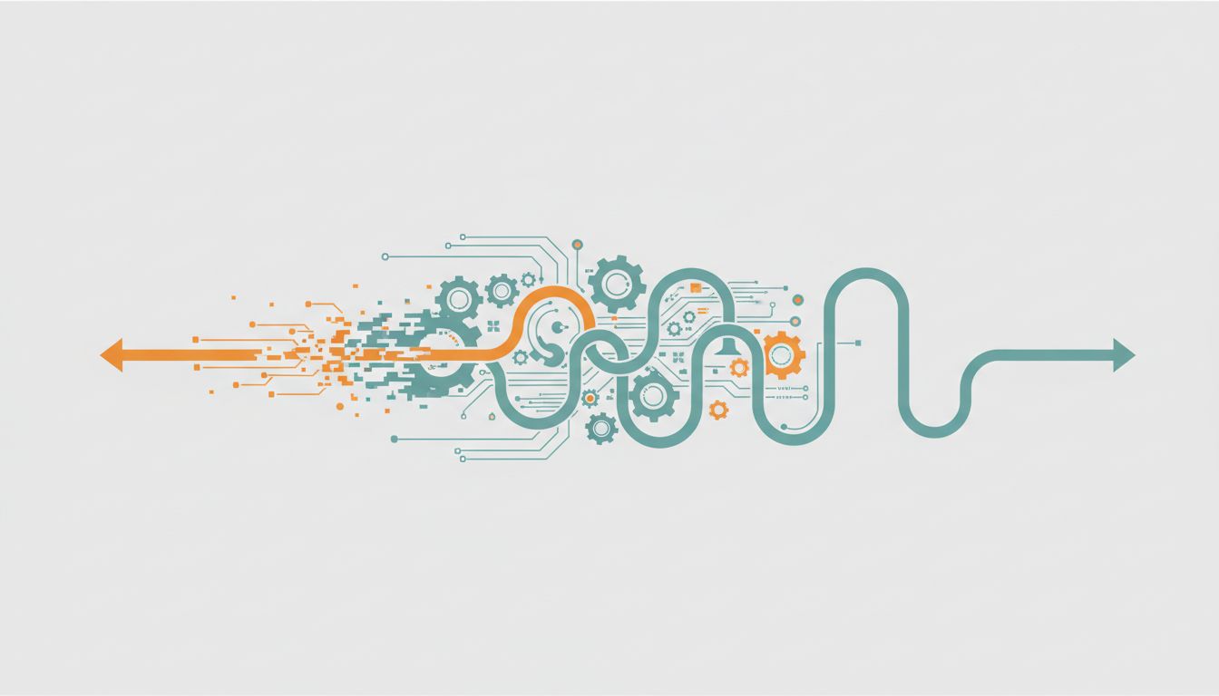 Abstract illustration of two paths through a system, one fast and fragmented, one slower and intact