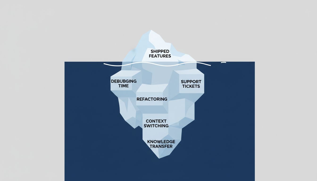 Iceberg diagram showing visible shipped features above water and the much larger hidden costs of technical debt below