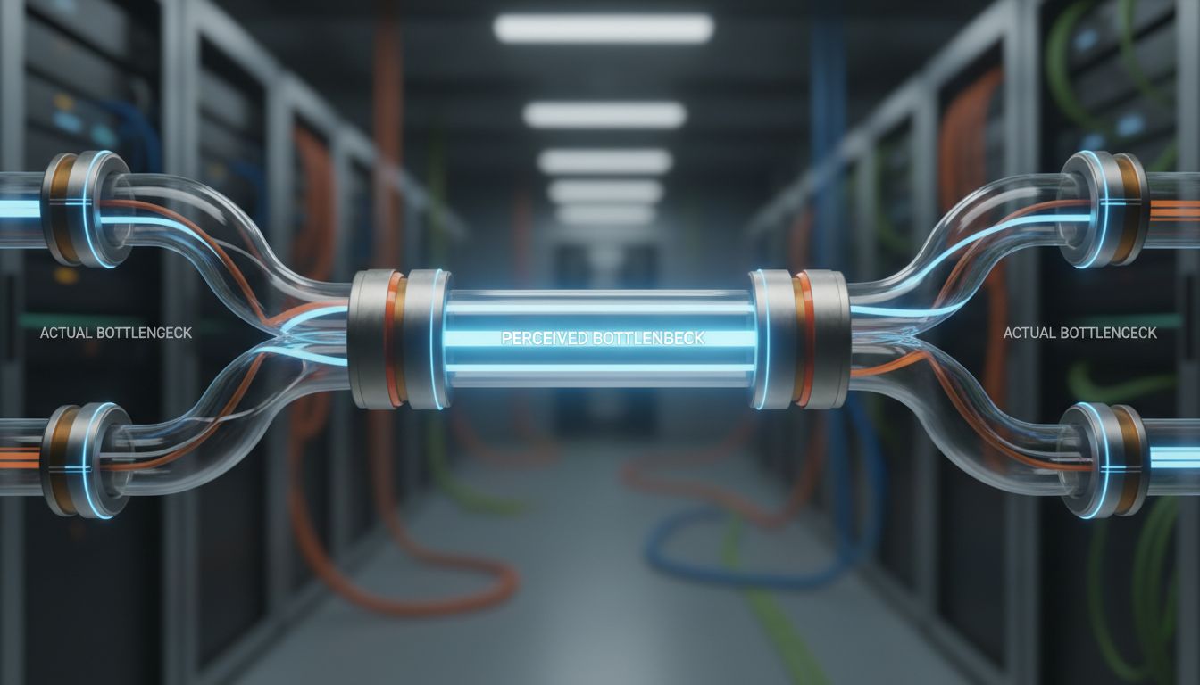 Abstract pipeline diagram showing the bottleneck is not at the center but on either side of the main processing unit