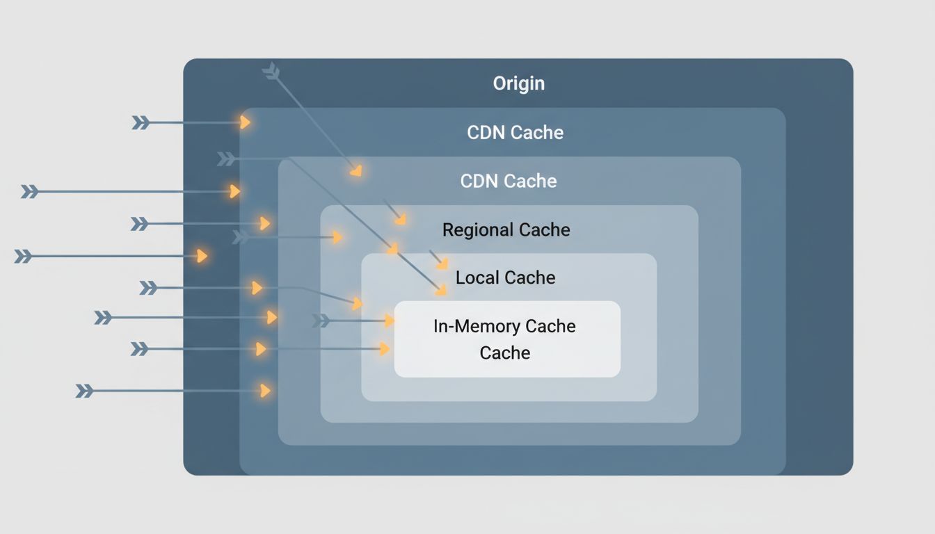 Layered caching diagram showing requests short-circuiting at different cache levels before reaching the origin