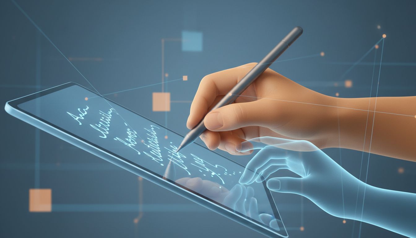 Illustration of a human hand writing being overlapped by a ghost hand completing the sentence