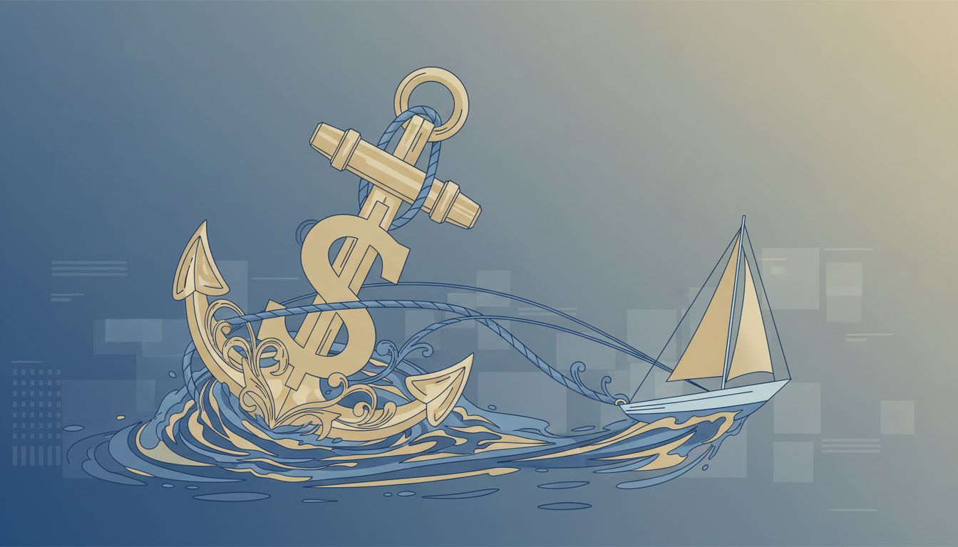 An illustrated sailboat straining against a heavy anchor, representing a misaligned high-revenue customer holding a startup back