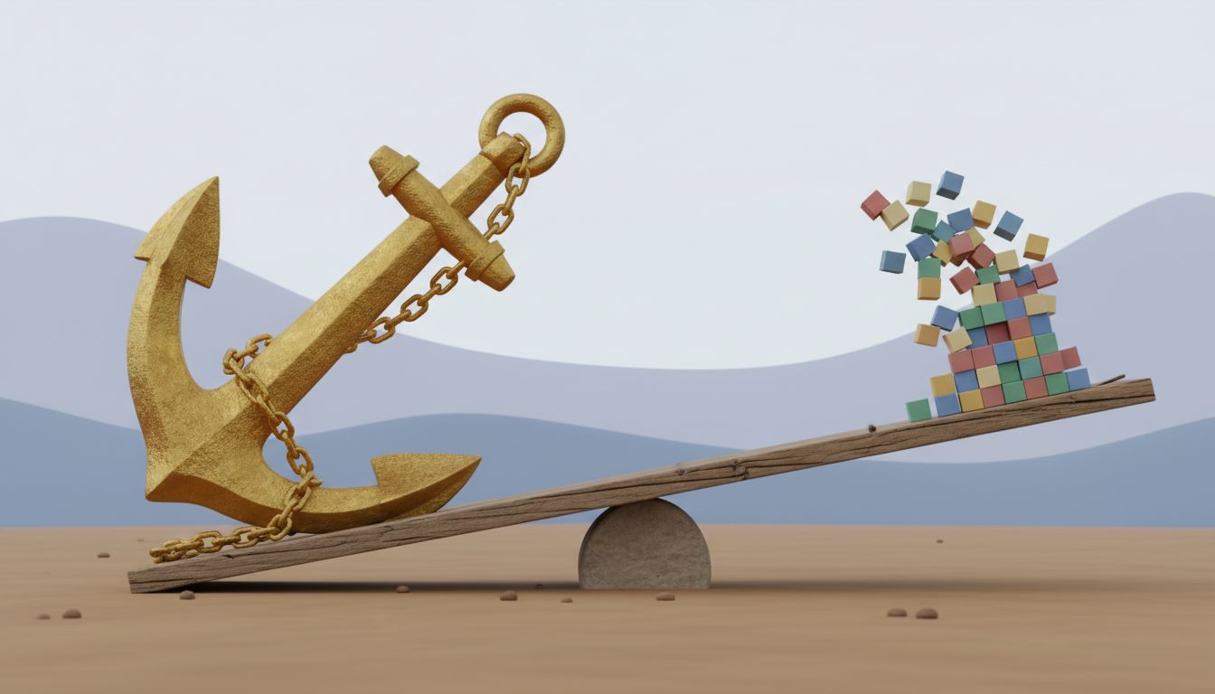 A golden anchor on a seesaw, outweighing many small blocks on the other side