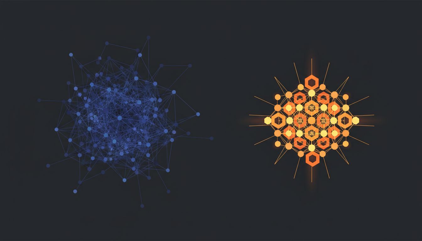 Two organizational structures: one sprawling and chaotic, one small and deliberately bounded