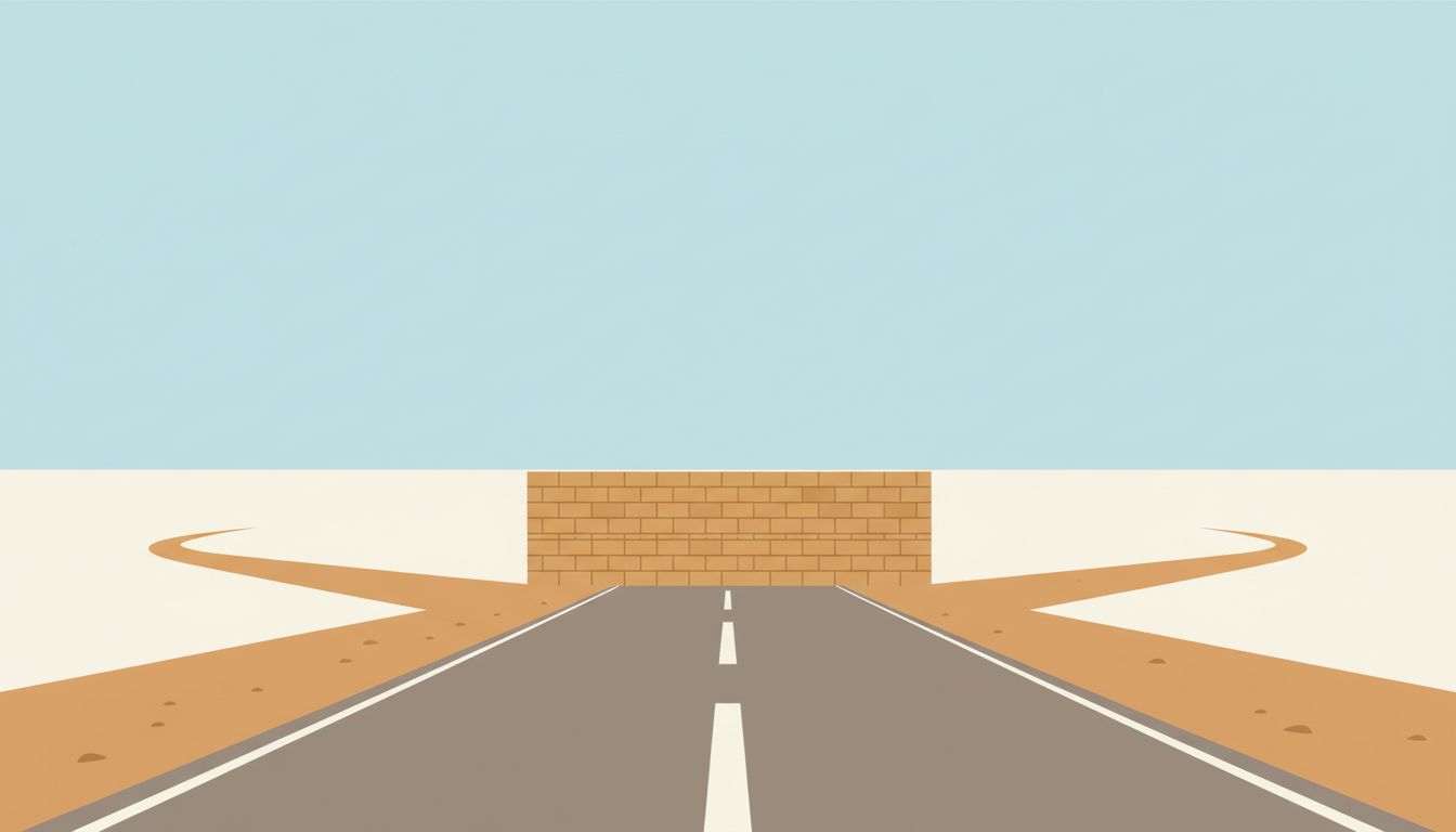 Illustration of a road ending at a wall with two diverging paths branching off before it