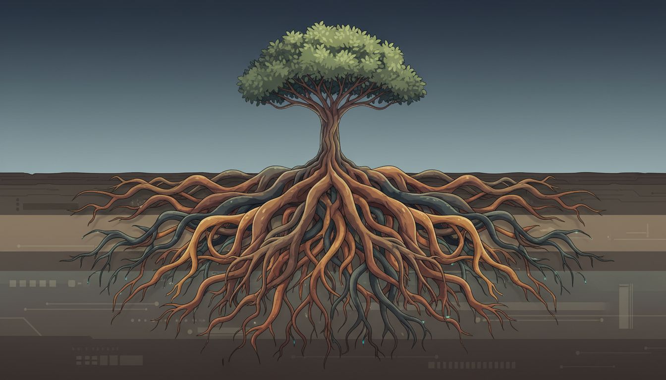 Illustration of a tree with a small canopy but vast underground root system, representing deliberate slow growth building deep foundations