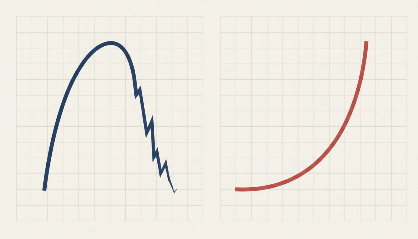 Two growth curves: one rises fast and crashes, one grows slowly then scales steeply and sustains