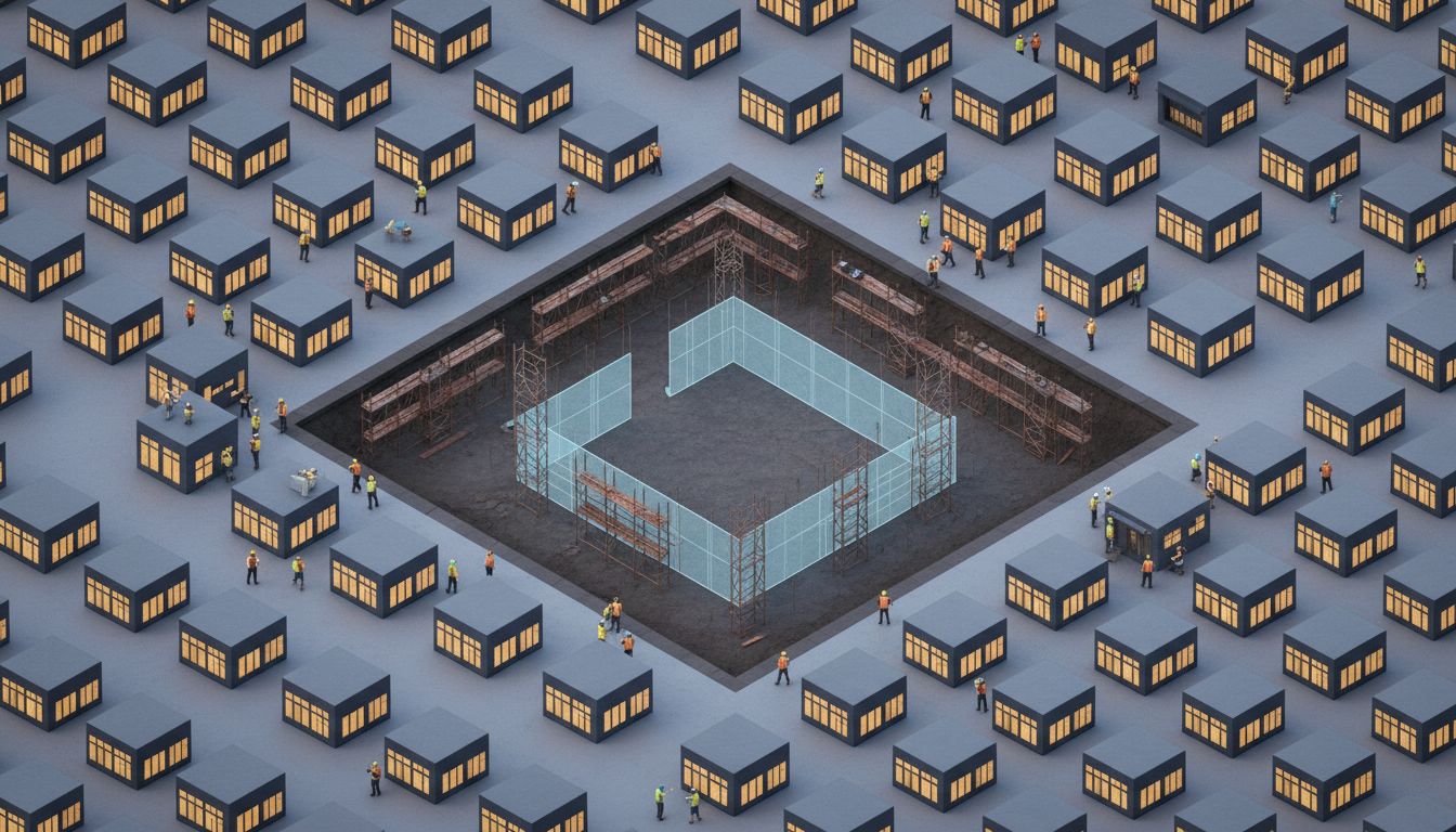 Isometric illustration of many small completed buildings surrounding one large unfinished structure
