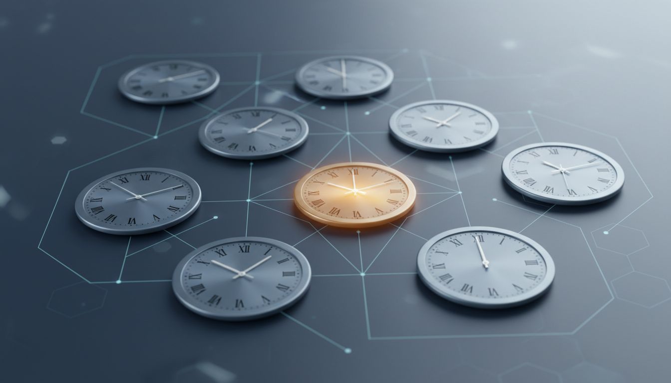 Network diagram showing multiple clocks at different nodes, each displaying a slightly different time