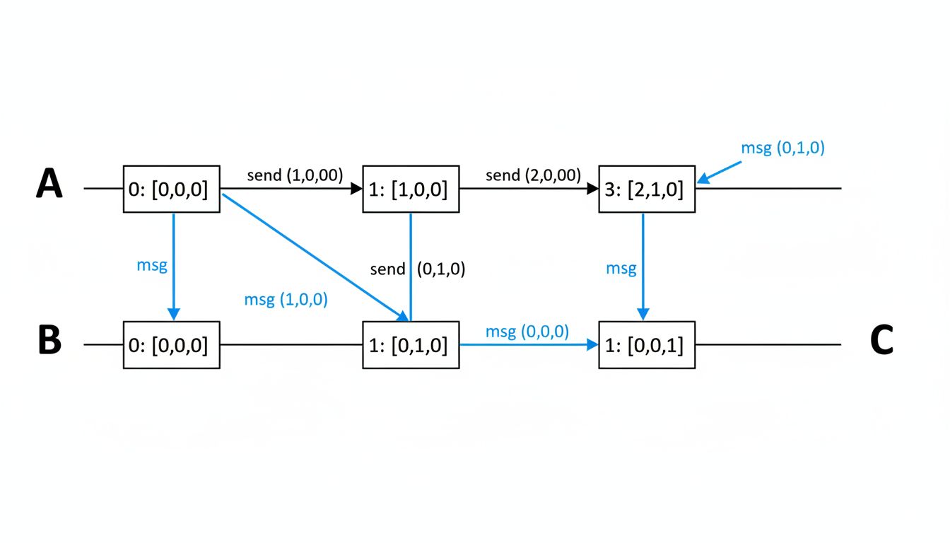 Vector clock diagram showing three distributed nodes with numbered counters and causal message arrows