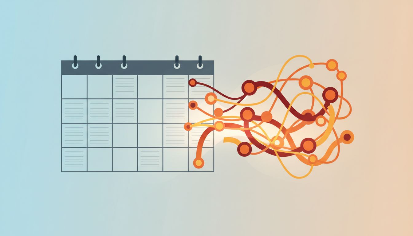 Abstract illustration contrasting a rigid calendar grid with a warm organic network of informal connections