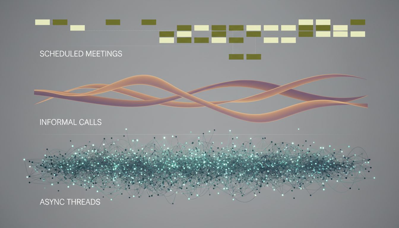 Layered diagram showing that async and informal communication layers are denser than formal scheduled meetings