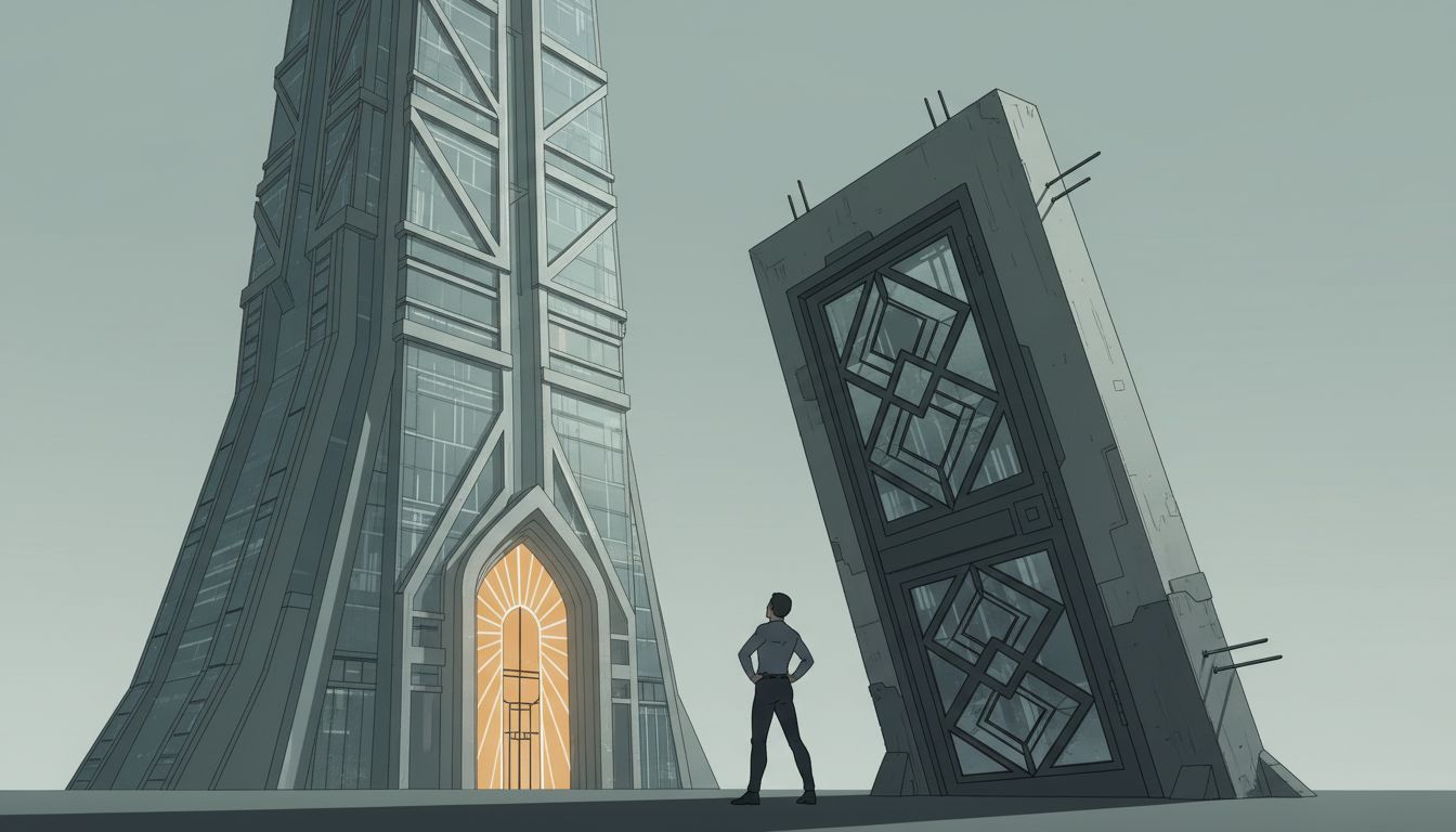 Figure standing at a misaligned door, the correct building entrance visible at an angle behind them
