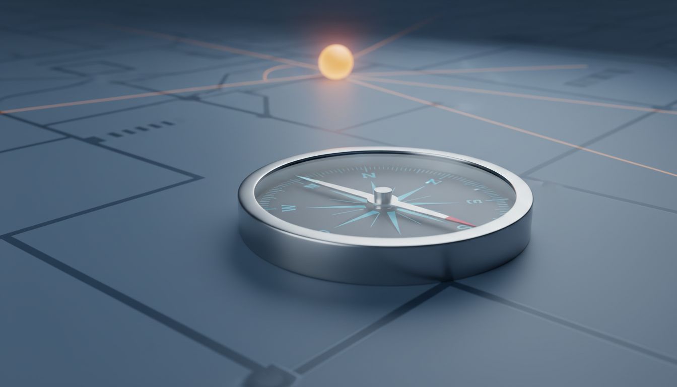 A precise compass with its needle pointing sideways, the correct destination visible at an angle