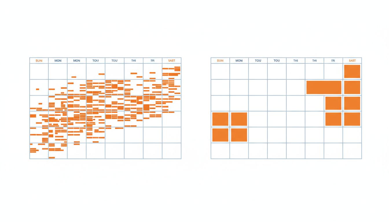 Diagram comparing a fragmented task-blocked calendar with a minimal protected-time calendar