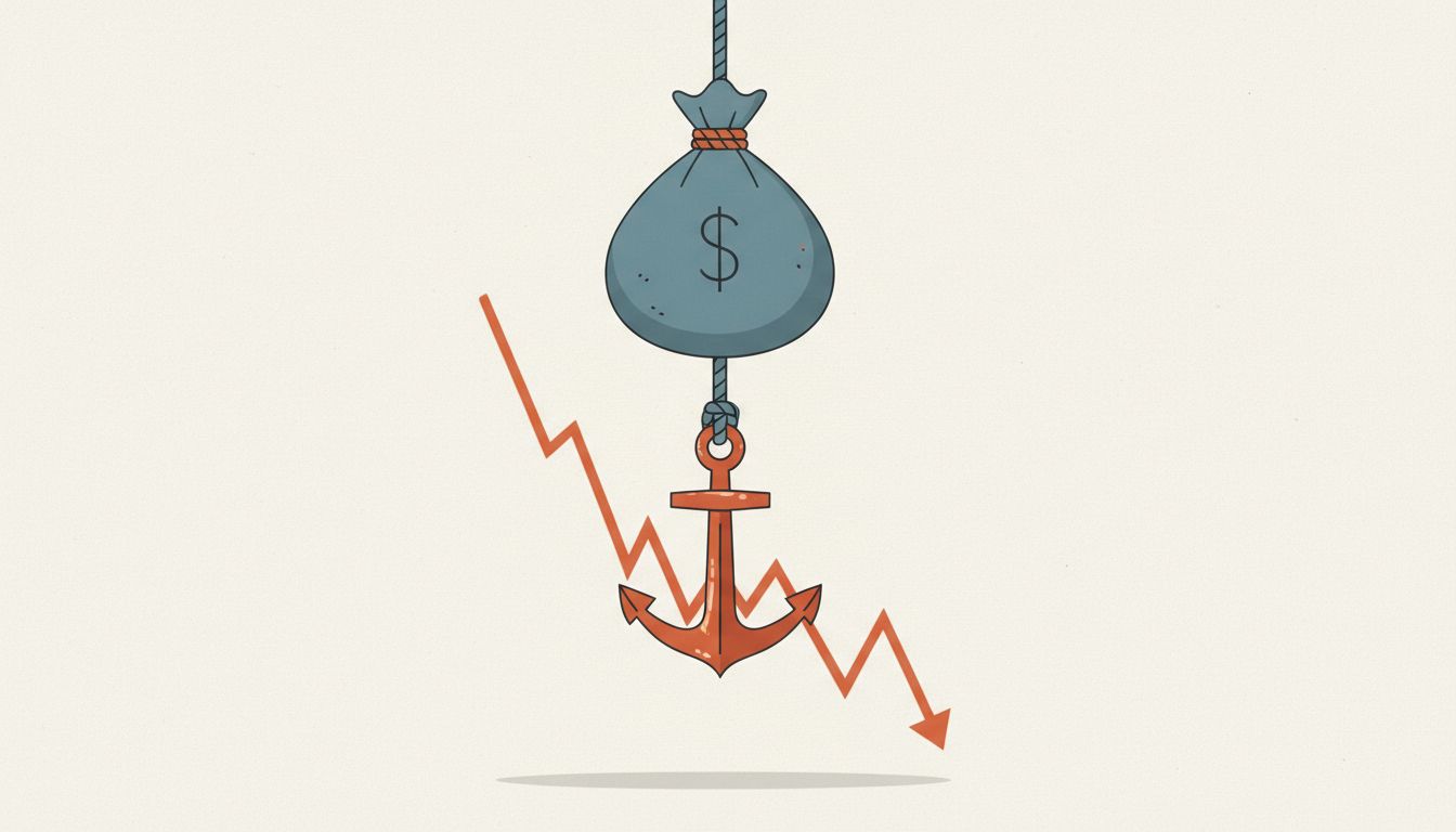 Illustration of a money bag tethered to an anchor, suggesting that large capital raises carry hidden drag