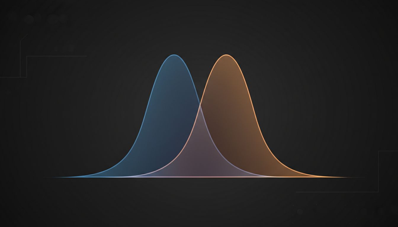 Two offset probability distribution curves representing diverging AI model outputs