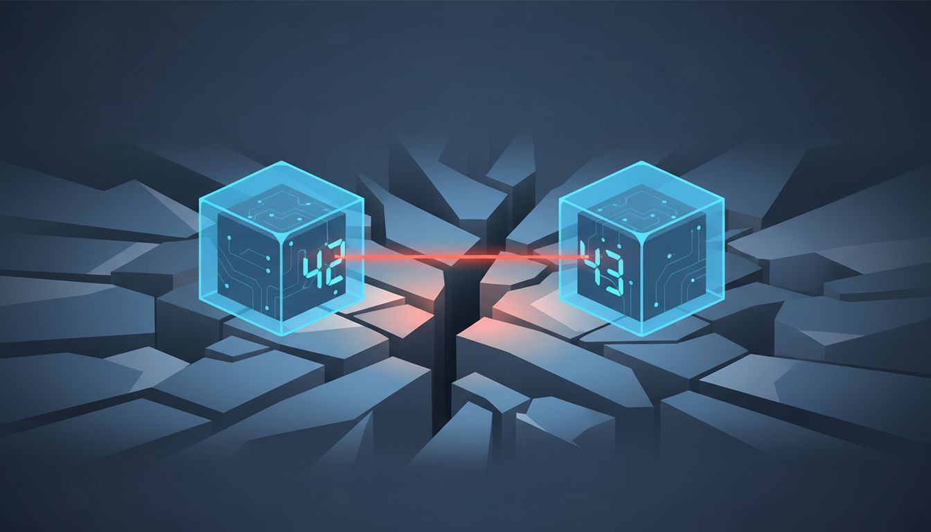 Two data nodes on opposite sides of a fracture, each showing a different value for the same record
