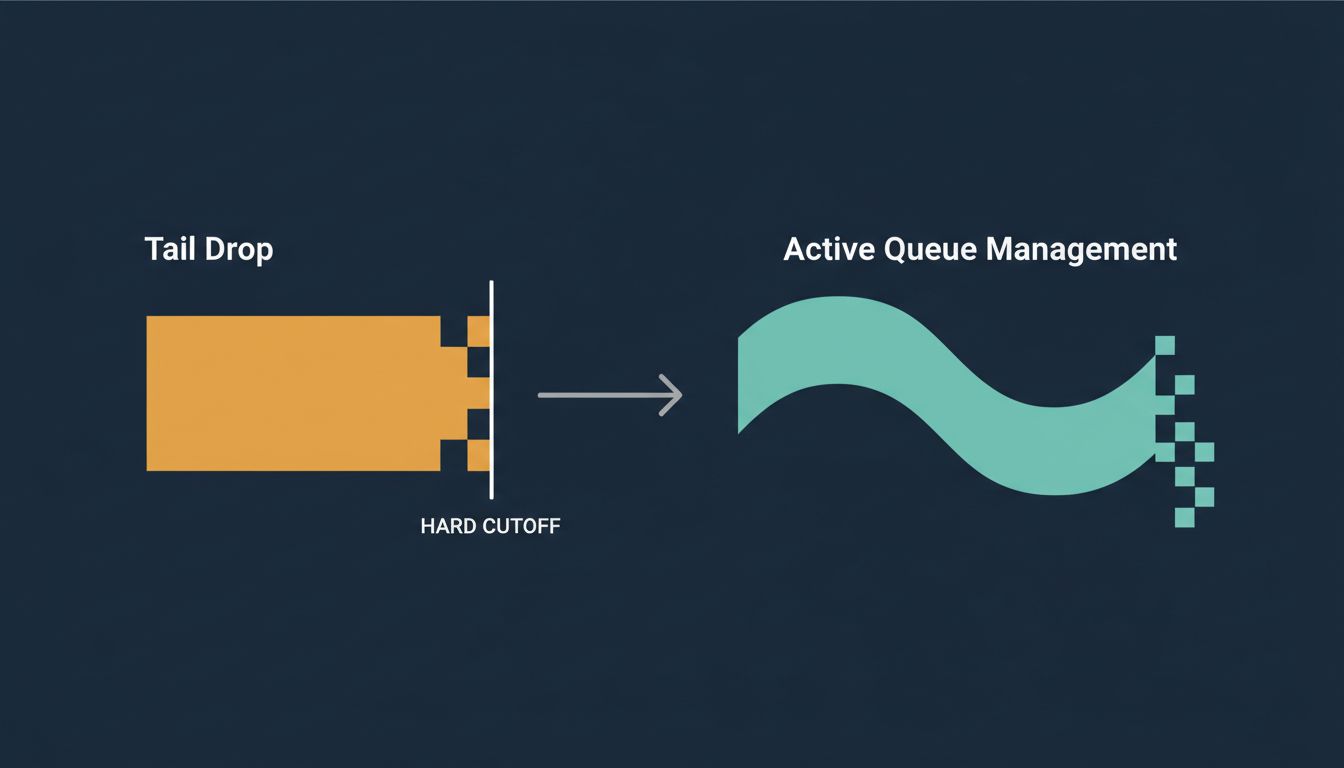 Comparison diagram of tail drop versus active queue management buffer behavior