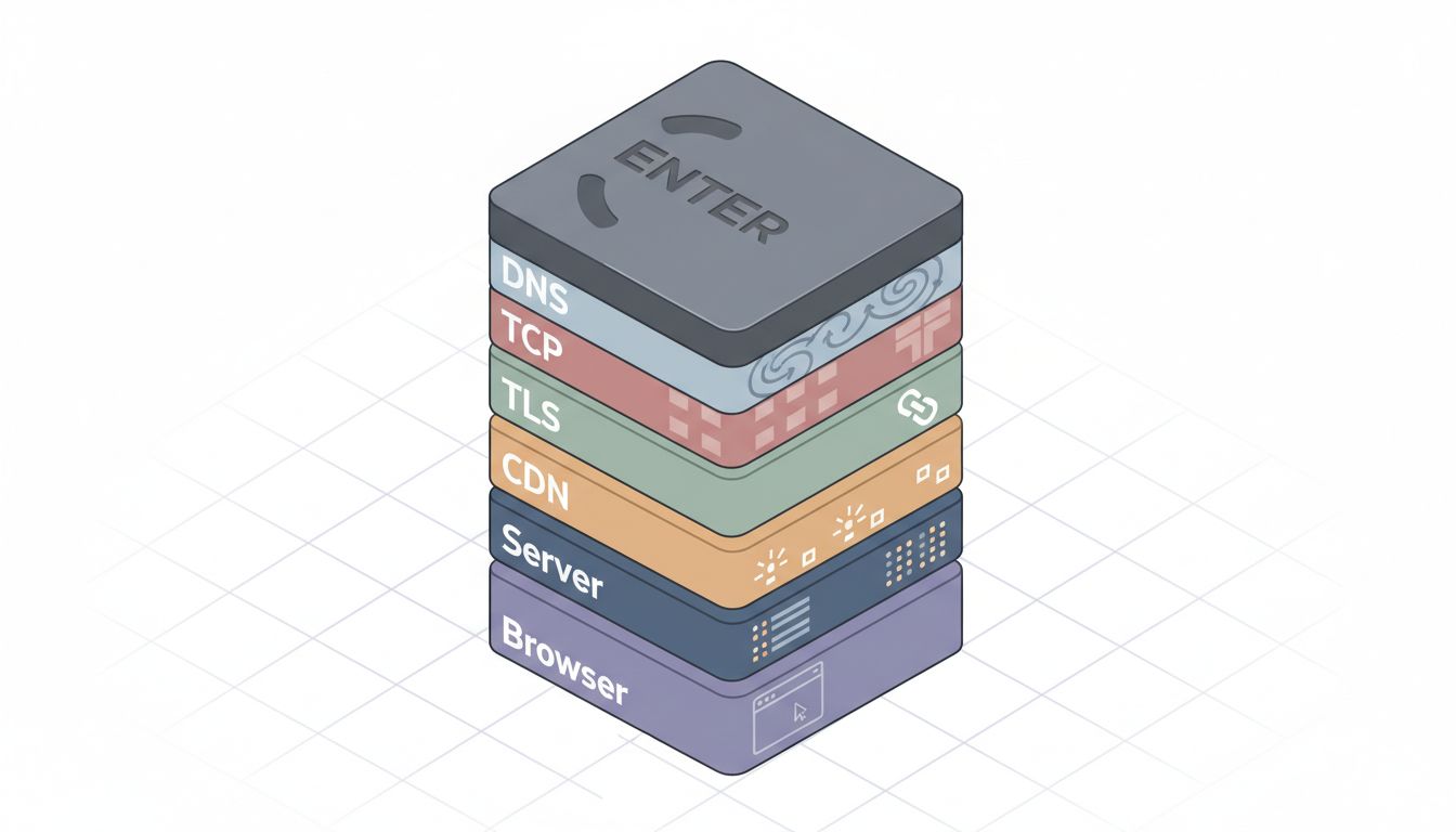 Cross-section illustration showing the many infrastructure layers triggered by pressing Enter on a URL